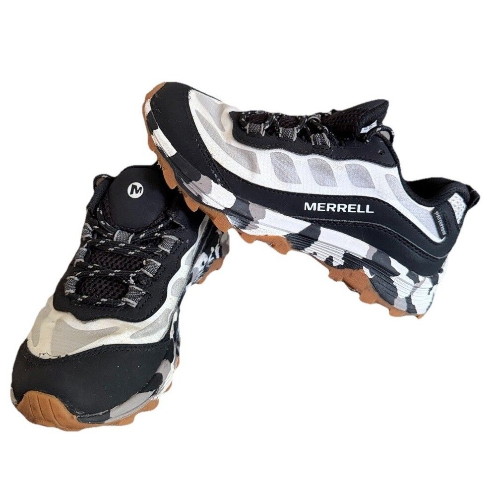 Merrell MOAB Speed Hiking Low WaterProof Black White Camo Gum Color Sz 2